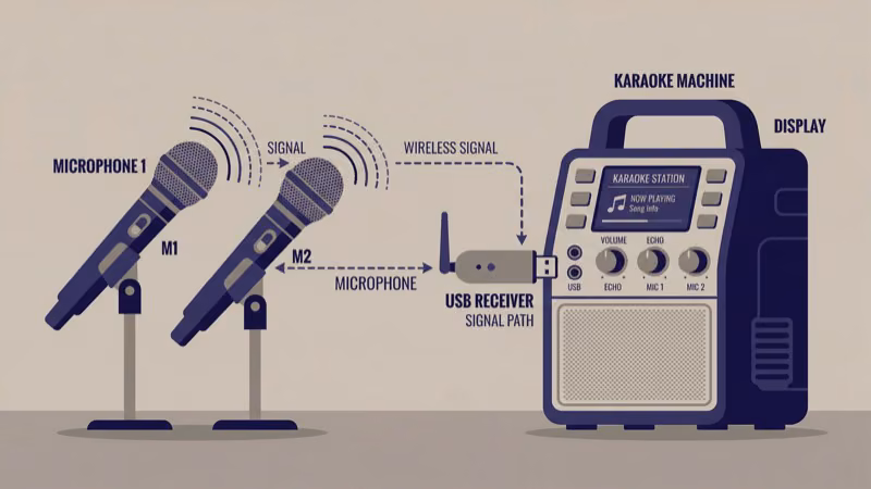 Two wireless karaoke microphones with 2.4GHz receiver unit on table