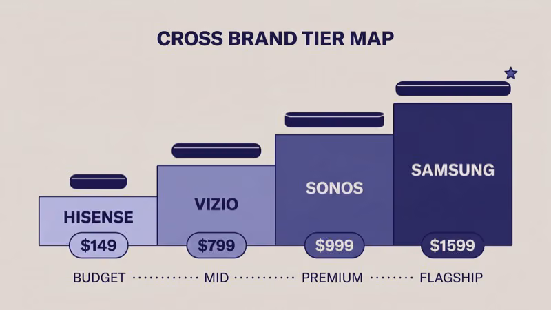 Cross-brand soundbar price tier map from budget Hisense HS214 through flagship Samsung HW-Q990F