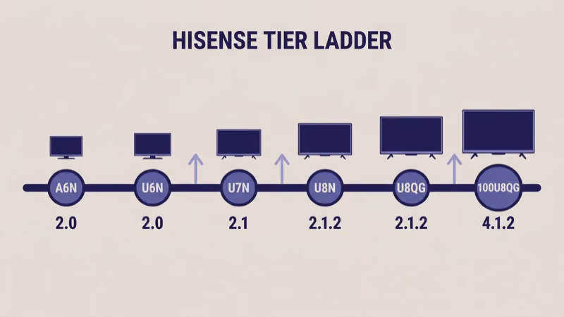 Hisense TV model ladder from A6N through 100U8QG showing built-in channel count by tier