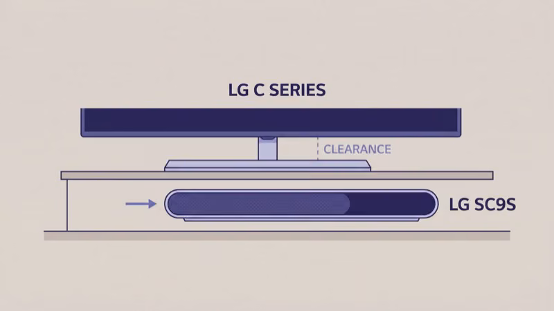 LG SC9S soundbar sliding under the LG C-series gallery stand with clearance detail