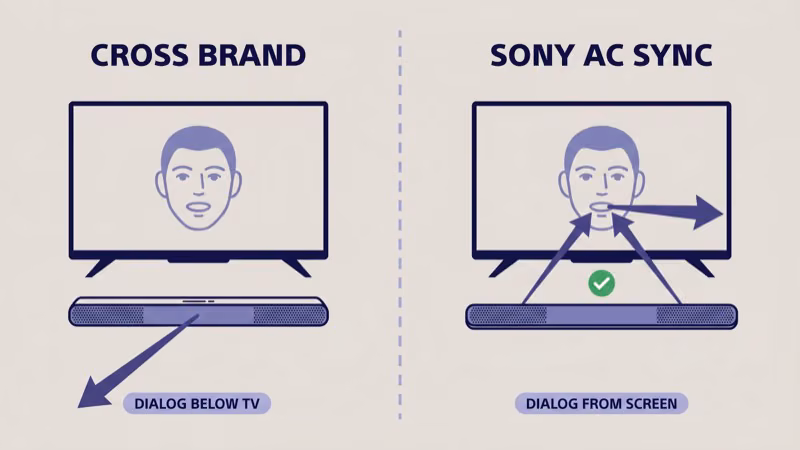 Acoustic Center Sync pulling dialogue up to the actor's mouth on screen versus a cross-brand soundbar dropping dialogue below the TV