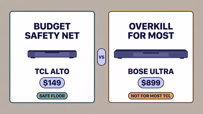 TCL Alto budget safety net at 149 dollars versus Bose Smart Ultra at 899 dollars flagged as not for most TCL buyers