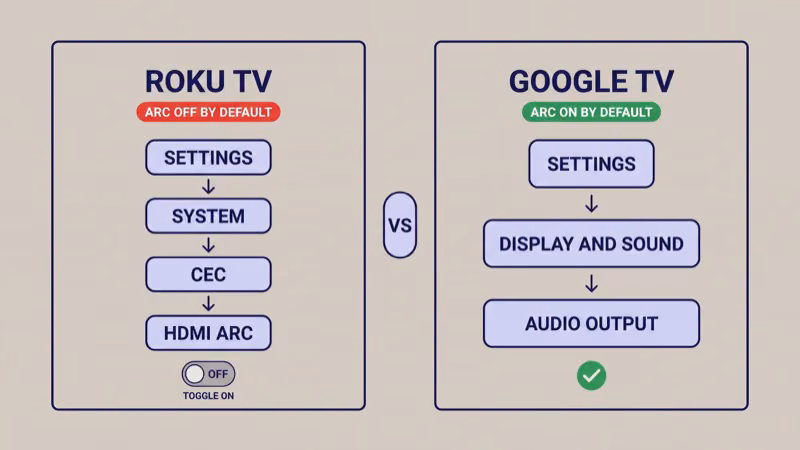 TCL Roku TV with ARC off by default and 4-step menu path compared to TCL Google TV with ARC on by default and shorter audio output path
