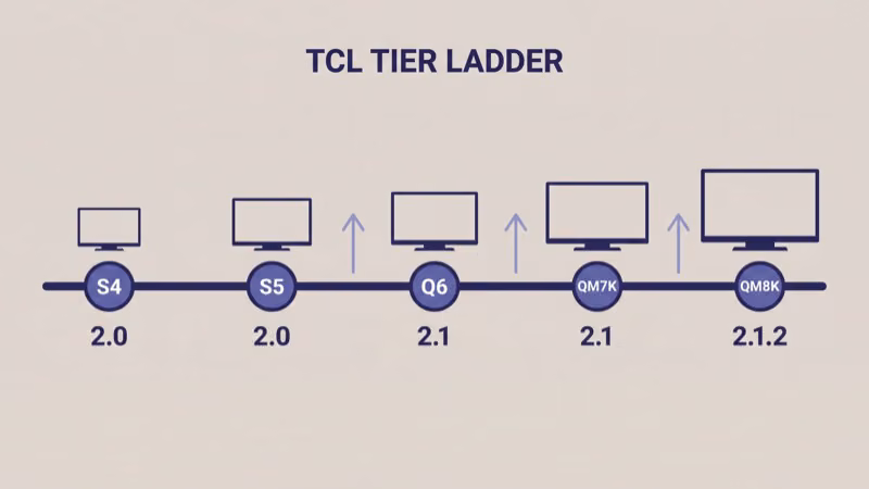 TCL TV tier ladder from S4 entry through QM8K flagship showing built-in speaker channel counts at each level