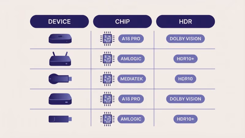 2026 streaming device spec matrix comparing chip HDR format and connectivity across top picks