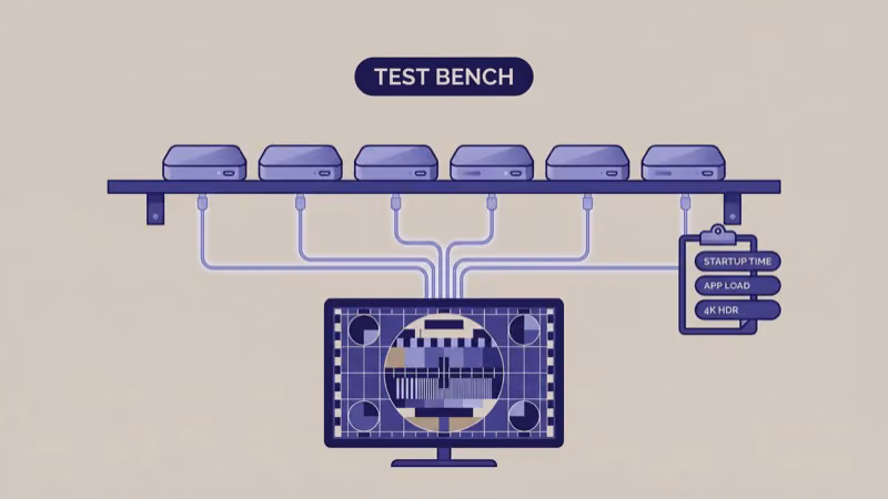 Testing rack with HDMI switch connecting six streaming devices to a 4K reference TV