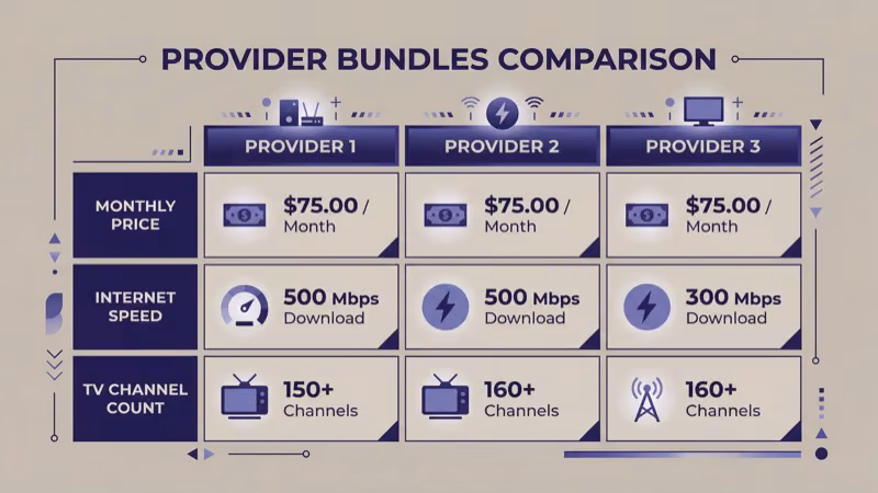 Comparison chart showing monthly savings from senior TV and internet bundle discounts by provider