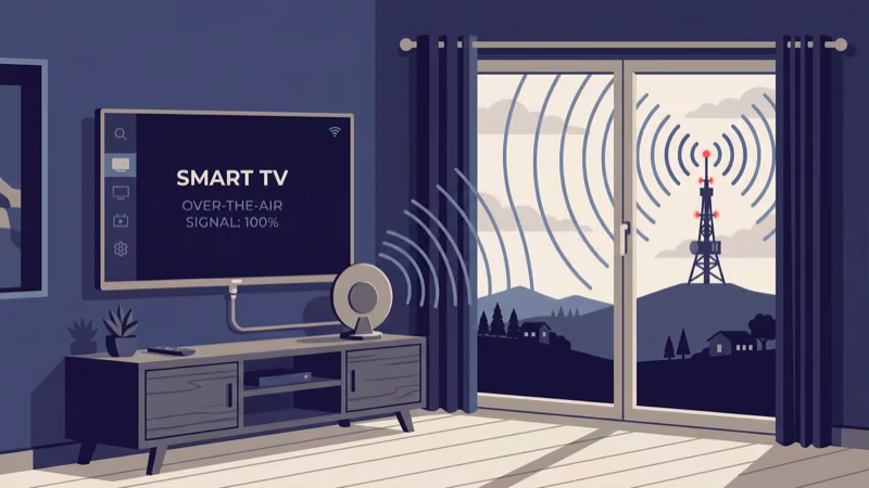 Indoor OTA antenna connected to Samsung TV for free PBS over-the-air reception