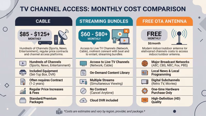 Comparison chart of streaming service monthly prices for top TV channels in 2026