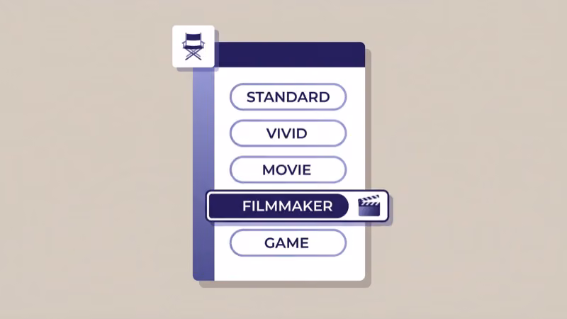 TV Picture Mode menu with Filmmaker highlighted from Standard Vivid Movie Game options