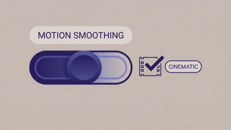 Motion smoothing toggle switching from on to off with cinematic film strip badge