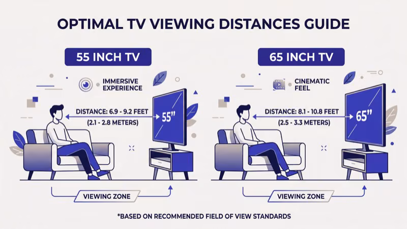 Recommended TV viewing distance chart showing optimal seating position for 55 to 75 inch screens