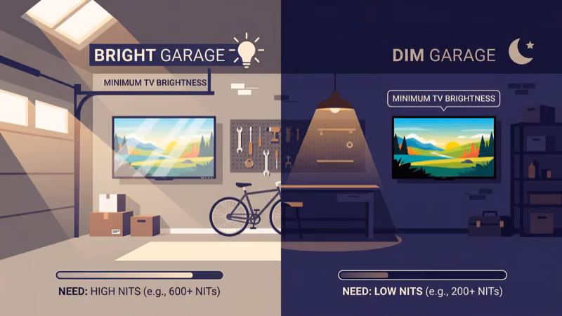 Side-by-side brightness comparison of garage TV panels at 400, 1000, and 2000 nits
