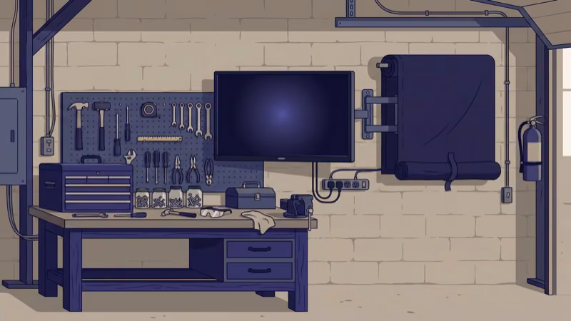 Garage TV wall mount setup showing full-motion articulating arm above workbench area