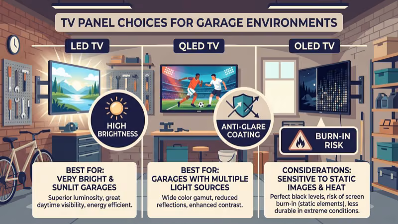 LED versus OLED panel type comparison chart for garage TV burn-in and brightness performance