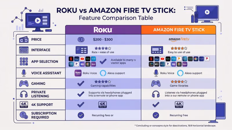 Roku versus Fire TV Stick feature comparison showing app library search and voice assistant differences