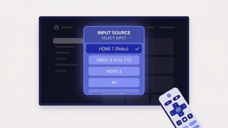 TV remote pressing input source button to switch between Roku and Fire TV Stick HDMI inputs
