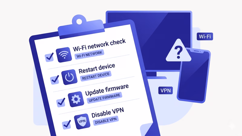 Troubleshooting checklist for casting issues with Wi-Fi and device steps
