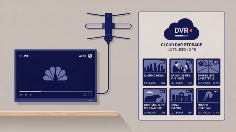 OTA antenna connected to a network DVR for remote local channel streaming