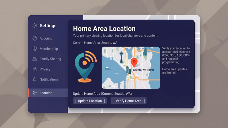 YouTube TV settings screen showing Home Area location update option
