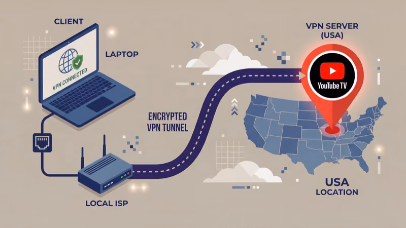 VPN app connected to a US city server for YouTube TV local channels