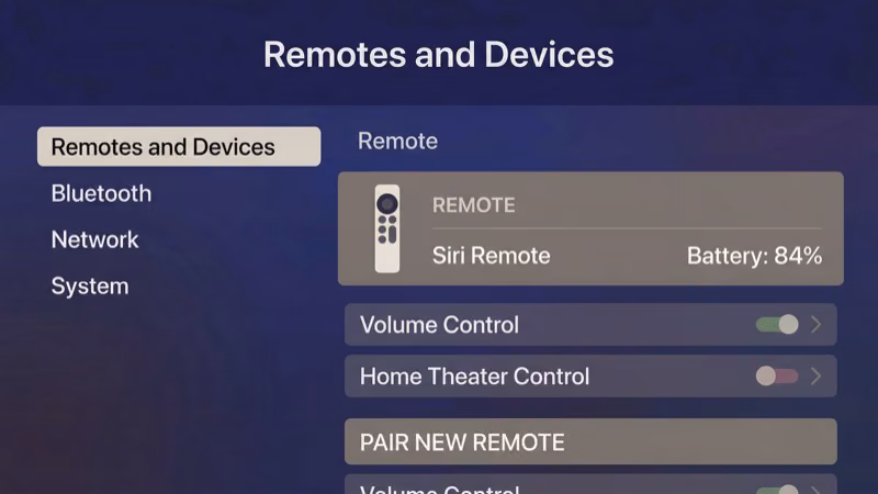 Apple TV settings screen showing Siri Remote battery percentage under Remotes and Devices
