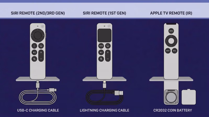 Lightning and USB-C cables side by side showing which Siri Remote generation each fits