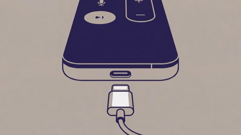 Lightning port on the bottom edge of an Apple TV Siri Remote being plugged in