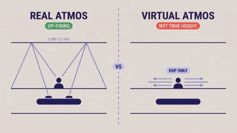 Real Atmos uses up-firing drivers bouncing sound off a 2.6 meter ceiling to the listener while virtual Atmos uses DSP processing to simulate height without up-firing drivers — not true height Atmos