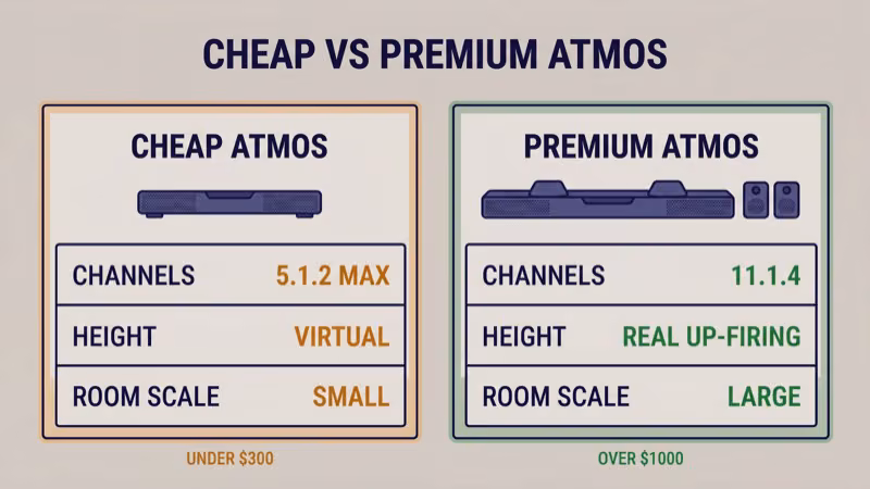 Cheap Atmos under $300 caps at 5.1.2 channels with virtual height and small room scale while premium Atmos over $1000 delivers 11.1.4 channels with real up-firing height and large room coverage