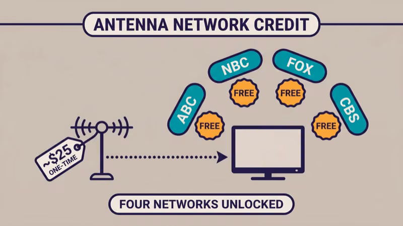 Diagram showing an HDTV antenna connected to a TV with four broadcast network logos ABC NBC FOX and CBS labeled free over the air with a total cost tag of approximately twenty five dollars one-time