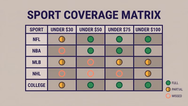 Matrix table showing five sports NFL NBA MLB NHL and college football down the left side with four budget tier columns across the top each cell shaded to indicate full coverage partial coverage or missed coverage at that budget tier