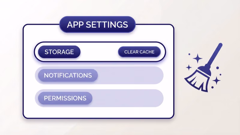 LG webOS app settings menu with Storage row highlighted showing Clear Cache button