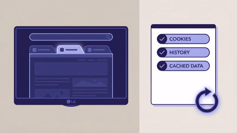 LG TV web browser settings showing Cookies History and Cached Data checkboxes selected