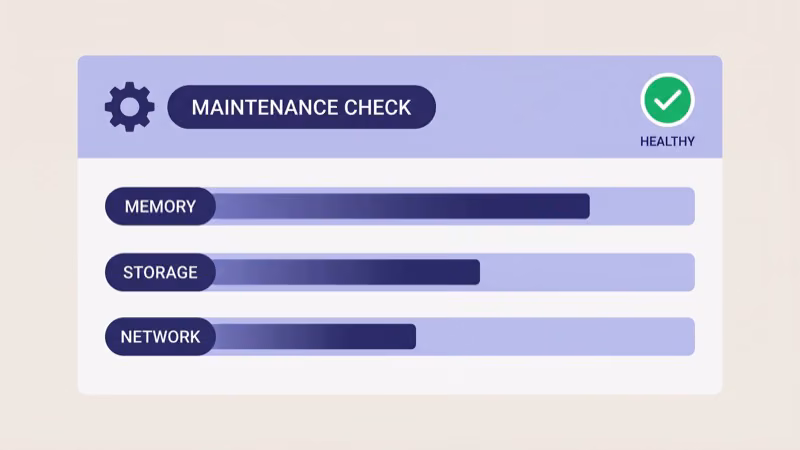 LG webOS Maintenance Check dashboard showing Memory Storage and Network health bars