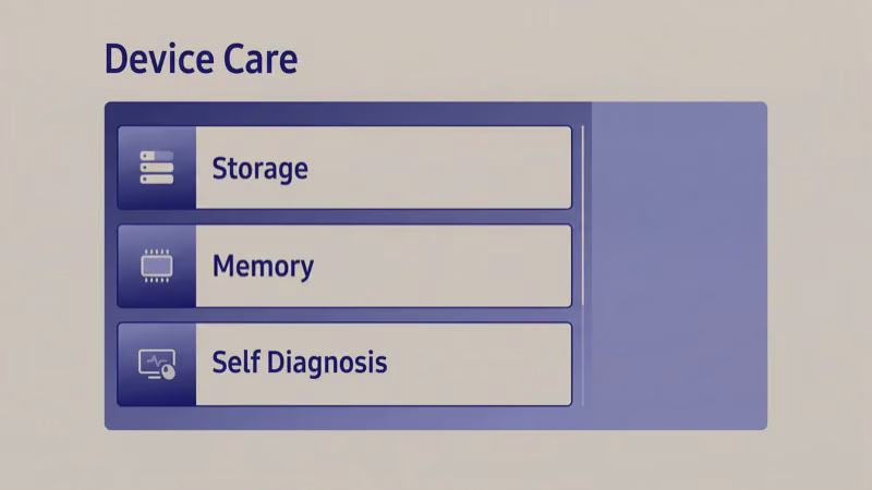 Samsung TV Device Care menu showing memory optimization and storage cleanup options