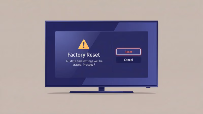 Samsung TV factory reset confirmation screen with PIN entry and reset warning