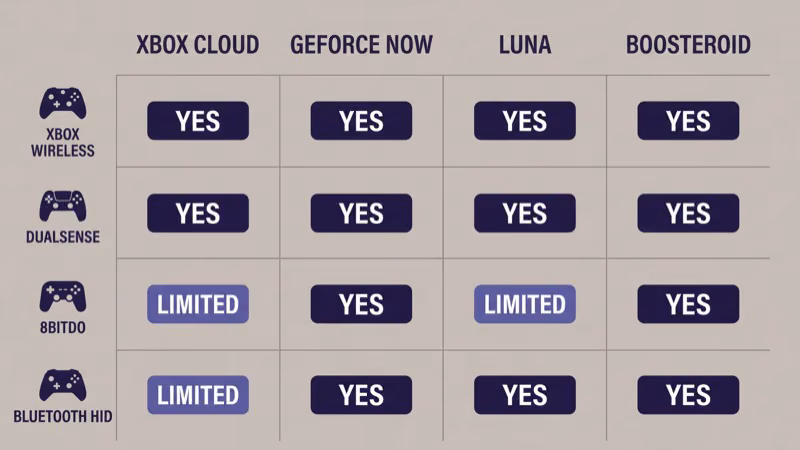Controller compatibility grid showing Xbox Wireless, DualSense, 8BitDo, and generic Bluetooth working across four major cloud gaming services