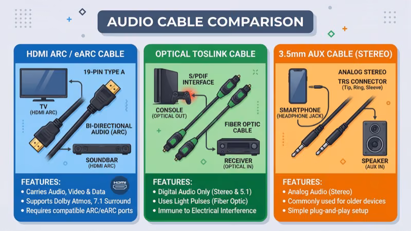 Side by side comparison of HDMI ARC optical and Bluetooth soundbar cables