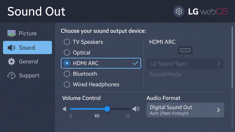 LG webOS Sound Out settings menu showing HDMI ARC option selected