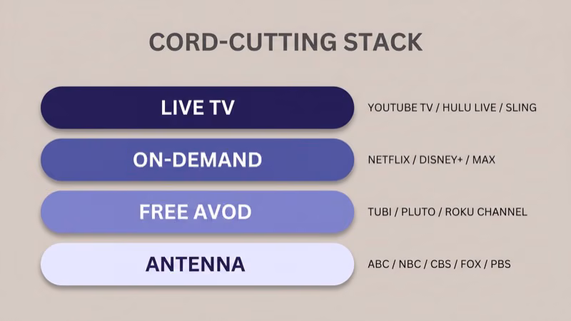 Four-layer cord-cutting stack visualization showing live TV, on-demand, free AVOD, and antenna layers stacked vertically
