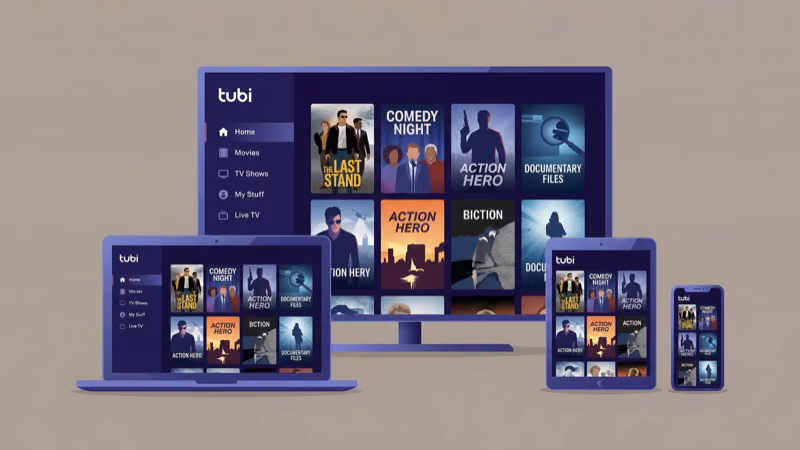 Tubi free streaming app displayed across multiple devices including smart TV and mobile