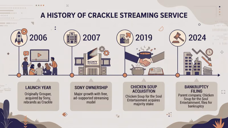 Timeline showing Crackle ownership changes from Sony to CSSE bankruptcy in 2024