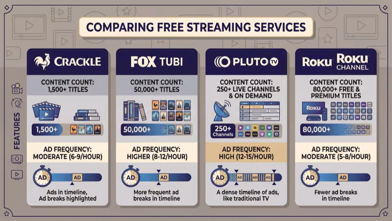 Tubi Pluto TV and Roku Channel compared side by side as free Crackle alternatives