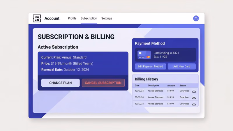 DAZN account settings page showing subscription status and billing details