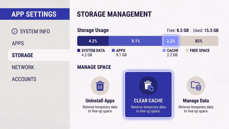 Navigating smart TV app settings to clear the DAZN app cache