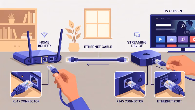 Ethernet cable plugged into a smart TV for a stable wired connection