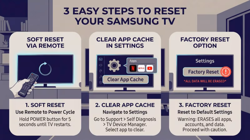 Samsung Smart TV reset menu showing factory reset steps to fix DAZN