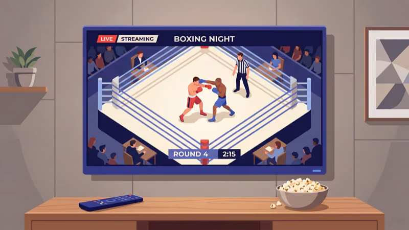 Live boxing match streaming on large TV screen via DAZN