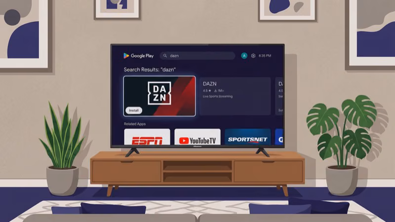 Hisense Google TV home screen showing DAZN app installation from Play Store